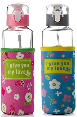 u-grow Borocilicate Glass Bottle/Sipper for Gym, Travel, Home, Fridge | with Insulated Cover with Insulated Cover 360 Milliliters (Pink & Blue) - Image 1