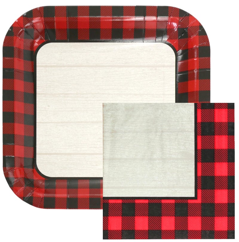 Iconikal 100Piece Paper Dinner Party Pack Woodgrain Buffalo Plaid 40 Plates and 60 Napkins