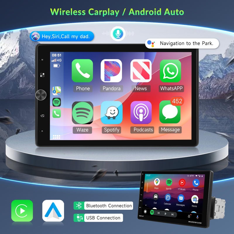 VECHTEL 10.4" Single Din Touchscreen Car Stereo with Wireless Carplay& Android Auto, Adjustable Car Radio with Bluetooth, Mirror Link, FM Radio, Subwoofer, SWC, Backup Camera - Image 2