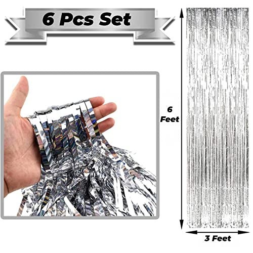 TOYXE Foil Fringe Tinsel Curtains for Photo Backdrop Party Decorations Silver Pack of 6 Pcs - Image 2