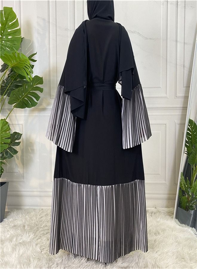Loquat Long Sleeve Panel Pleated Hem Cardigan Robe Abaya Black - Image 3