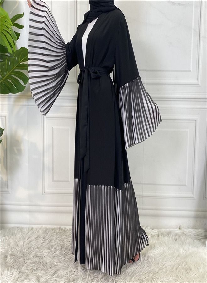 Loquat Long Sleeve Panel Pleated Hem Cardigan Robe Abaya Black - Image 2