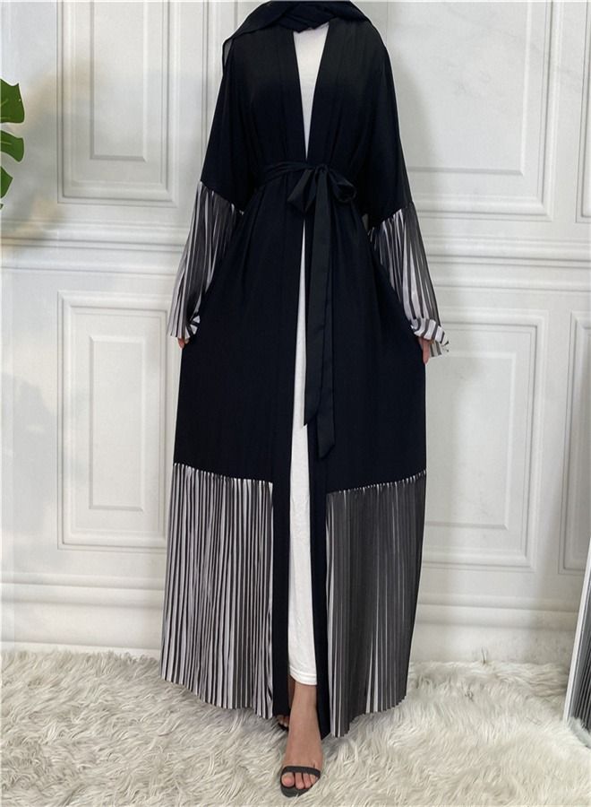 Loquat Long Sleeve Panel Pleated Hem Cardigan Robe Abaya Black - Image 1