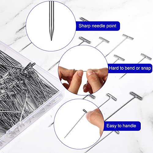 Juinte 400 Pieces Steel Plated T Pins Wig Pins T Shaped Pins for Sewing, Blocking, Knitting, 2 Inch, 1.5 Inch - Image 2
