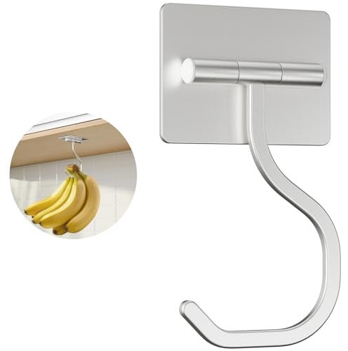 bussdis Banana Hook Under Cabinet Silver Adhesive Banana Hanger Under Counter Metal Banana Holder Stand for Hanging Bananas or Kitchen Utensil Keeps Bananas Fresh Silver 1 Pack
