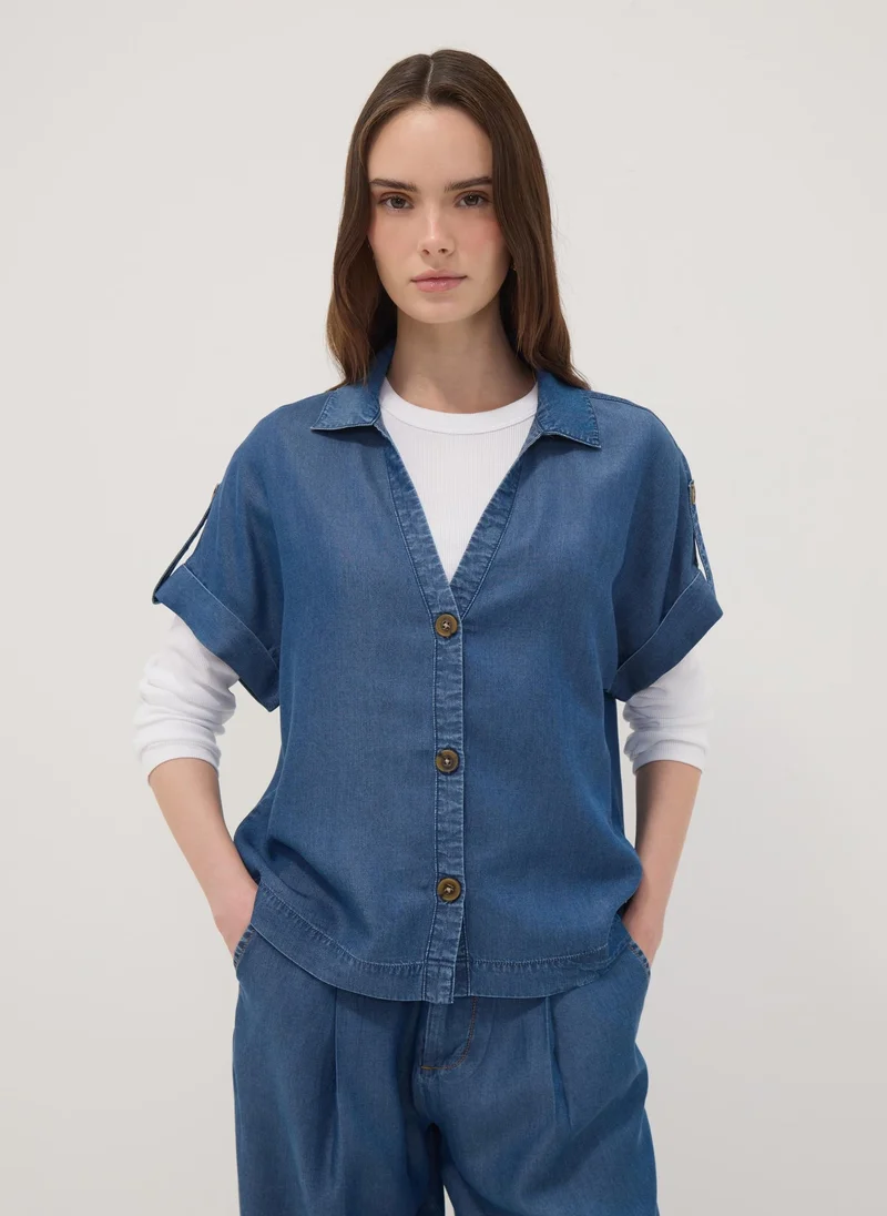 او في اس OVS Blue Pure Lyocell Short-Sleeved Shirt