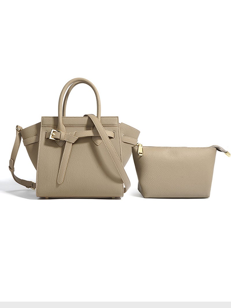 First-Layer Cowhide Large-Capacity Pure Color Genuine Leather Tote Bag Wing Bag Textured Cowhide Bag Portable Commuter Bag Lightweight - Image 5