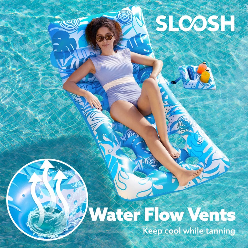 SLOOSH Adjustable Backrest Pool Floats - Tropical Leaves Pool Lounger Floaties Adults with Cup Holders  Inflatable Tanning Float Rafts Chair Beach Lake Lounge Floating Above Water Keep Cool (Blue) - Image 3
