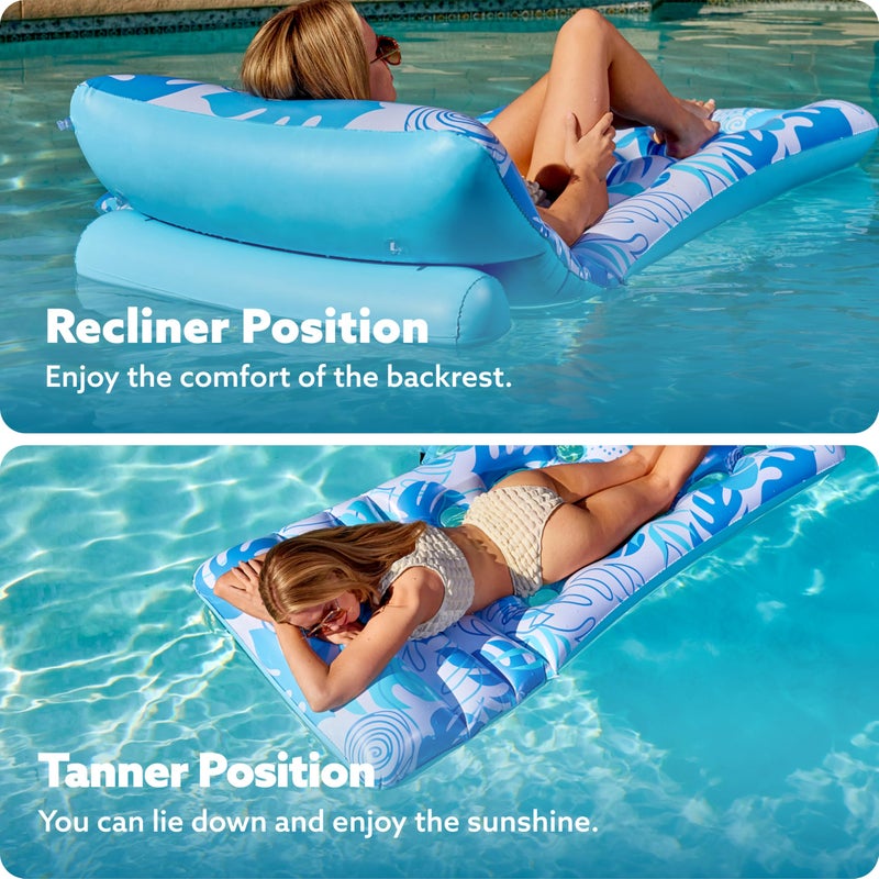 SLOOSH Adjustable Backrest Pool Floats - Tropical Leaves Pool Lounger Floaties Adults with Cup Holders  Inflatable Tanning Float Rafts Chair Beach Lake Lounge Floating Above Water Keep Cool (Blue) - Image 4