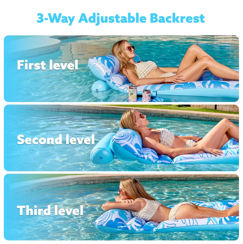 SLOOSH Adjustable Backrest Pool Floats - Tropical Leaves Pool Lounger Floaties Adults with Cup Holders  Inflatable Tanning Float Rafts Chair Beach Lake Lounge Floating Above Water Keep Cool (Blue) - Image 2