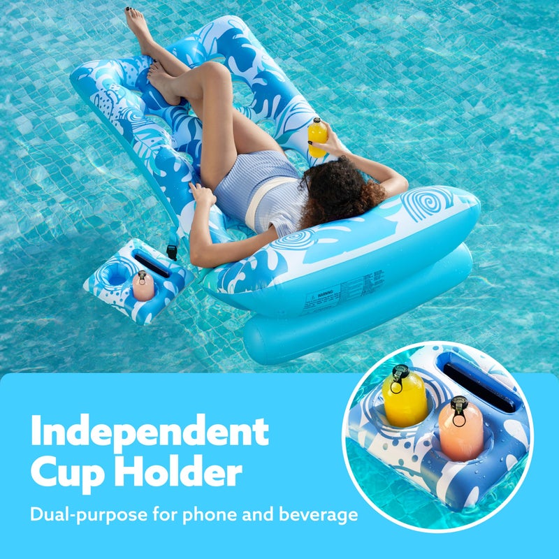 SLOOSH Adjustable Backrest Pool Floats - Tropical Leaves Pool Lounger Floaties Adults with Cup Holders  Inflatable Tanning Float Rafts Chair Beach Lake Lounge Floating Above Water Keep Cool (Blue) - Image 5