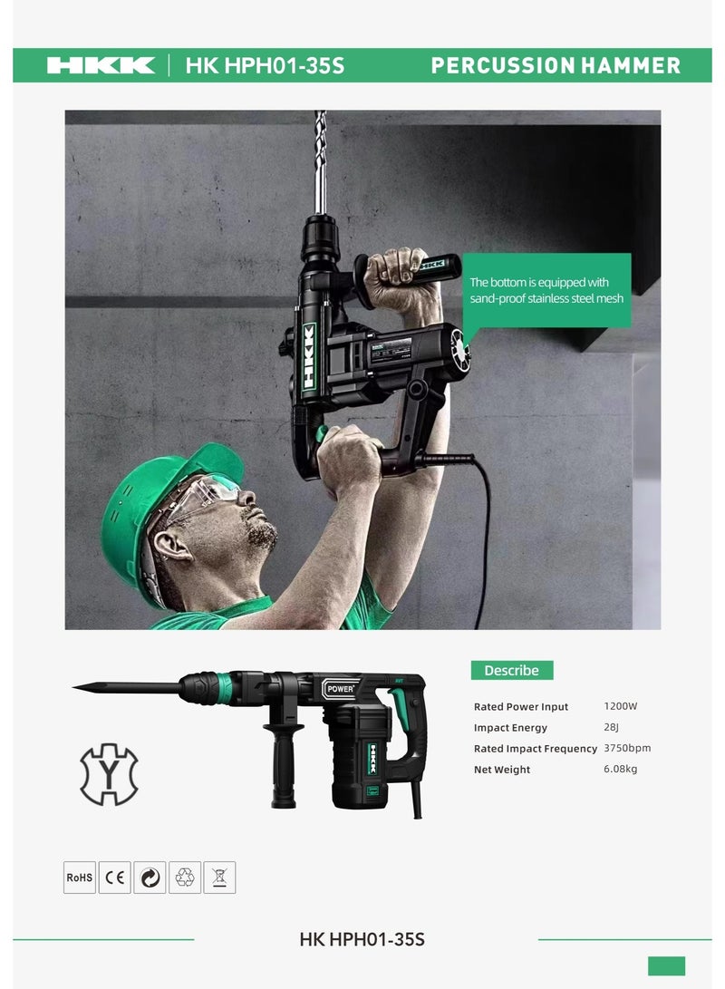 HKK 1200W Percussion Demolition Hammer, 28J High Impact Energy, 3750 Bpm Heavy-Duty Chipping Tool, Auxiliary Handle And Dust-Resistant Air Intake For Concrete And Masonry - Image 2
