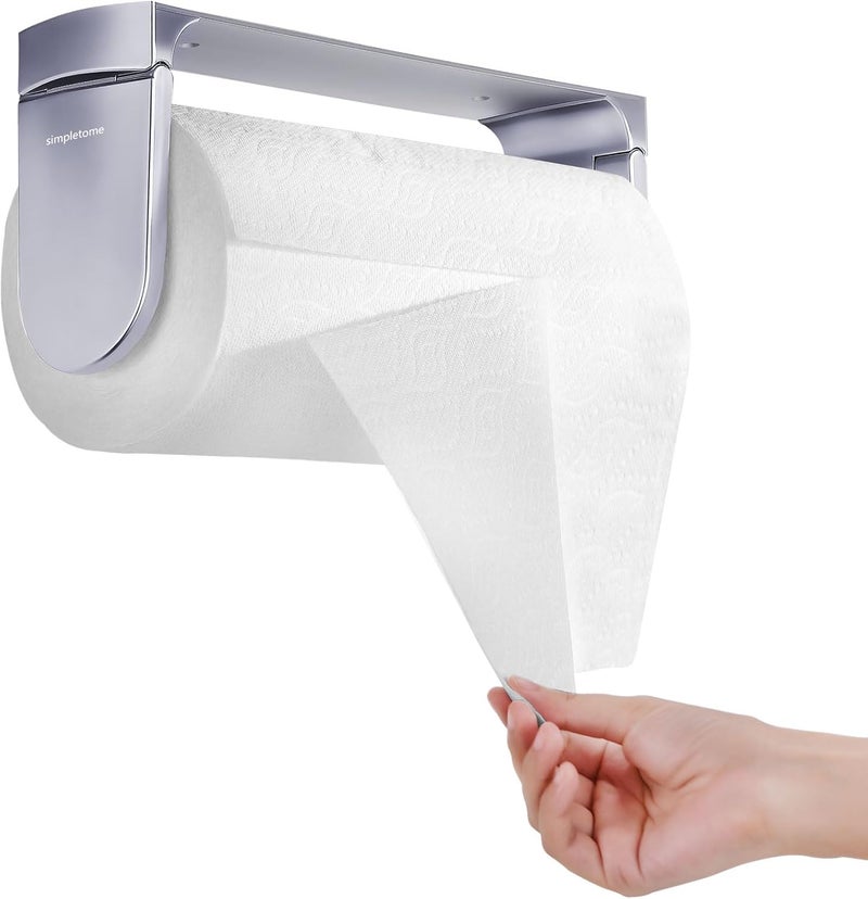 simpletome ONE Hand Tear Paper Towel Holder Under Cabinet Adhesive or Drilling Installation Aluminum Alloy + ABS (Pearl Chrome Silver) - Image 1