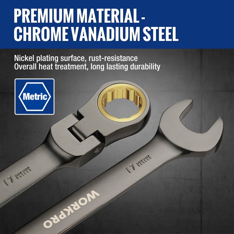 WORKPRO طقم مفاتيح ربط مرنة 8 قطع من WORKPRO، مقاس متري 9-17 مم، 72 سن، مصنوع من Cr-V، مطلي بالنيكل مع حقيبة تنظيم - Image 4