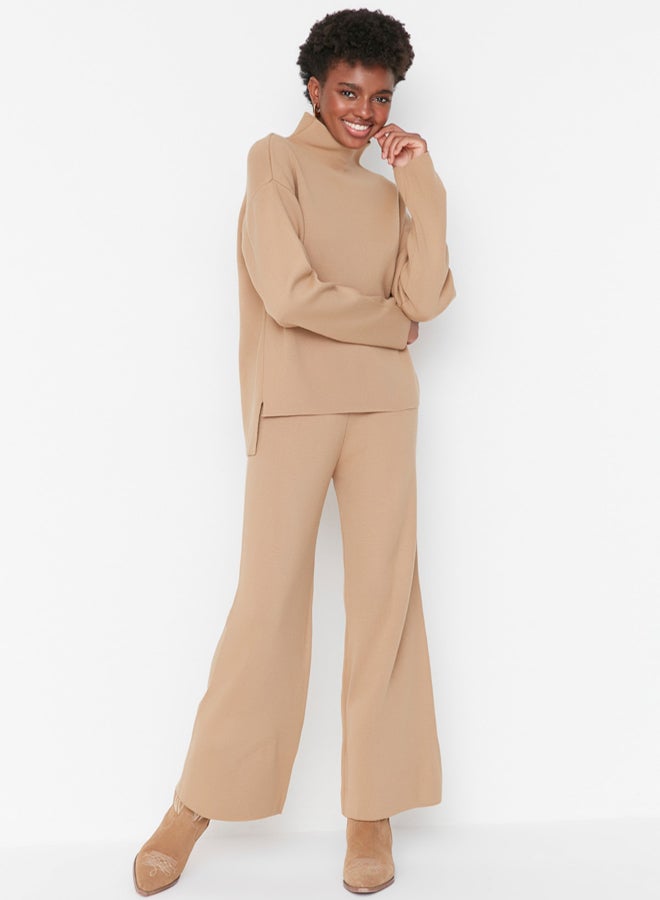 trendyol Camel Stand Collar Knitwear Top-Bottom Set - Image 1