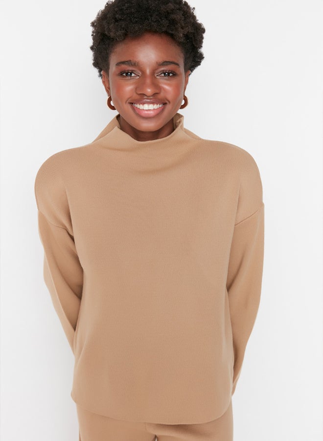 trendyol Camel Stand Collar Knitwear Top-Bottom Set - Image 2