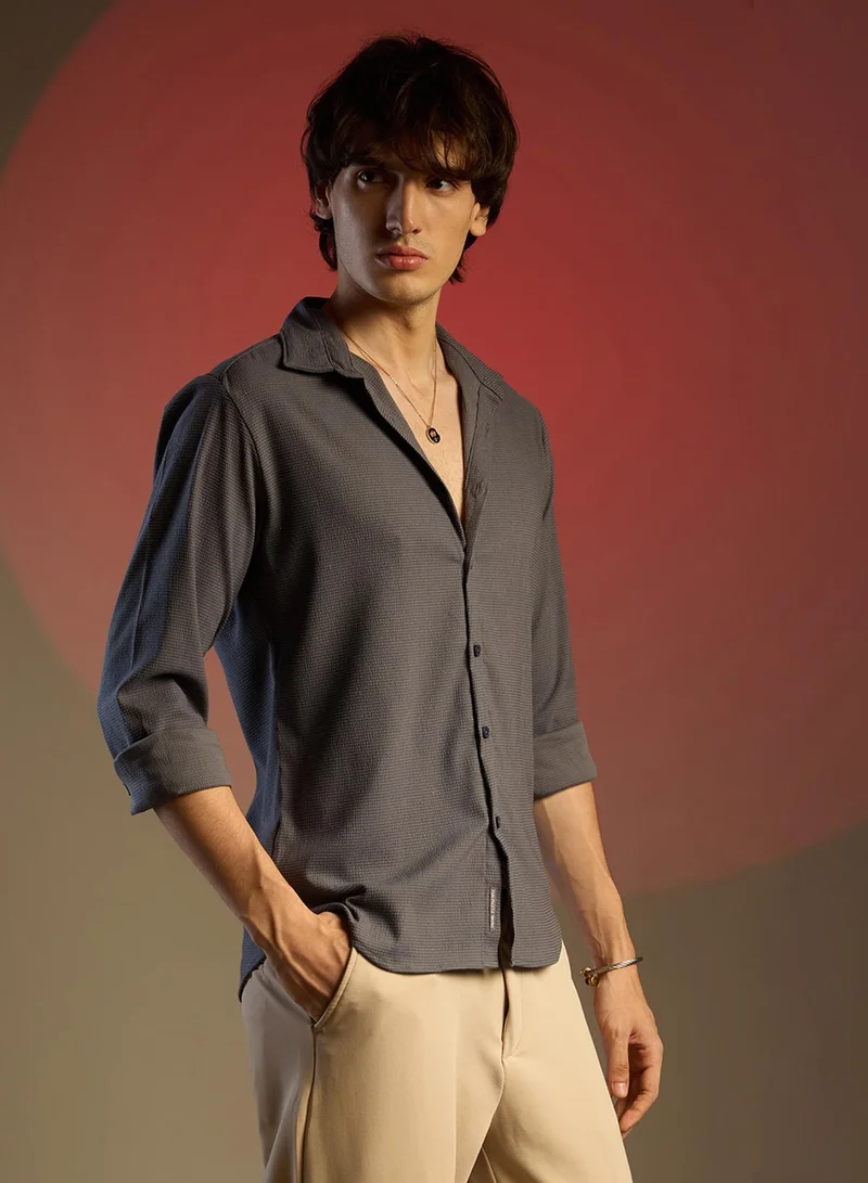 CAHOOT Grey Men's Charcoal Grey Solid Seersucker Shirt for Men | Best Price UAE