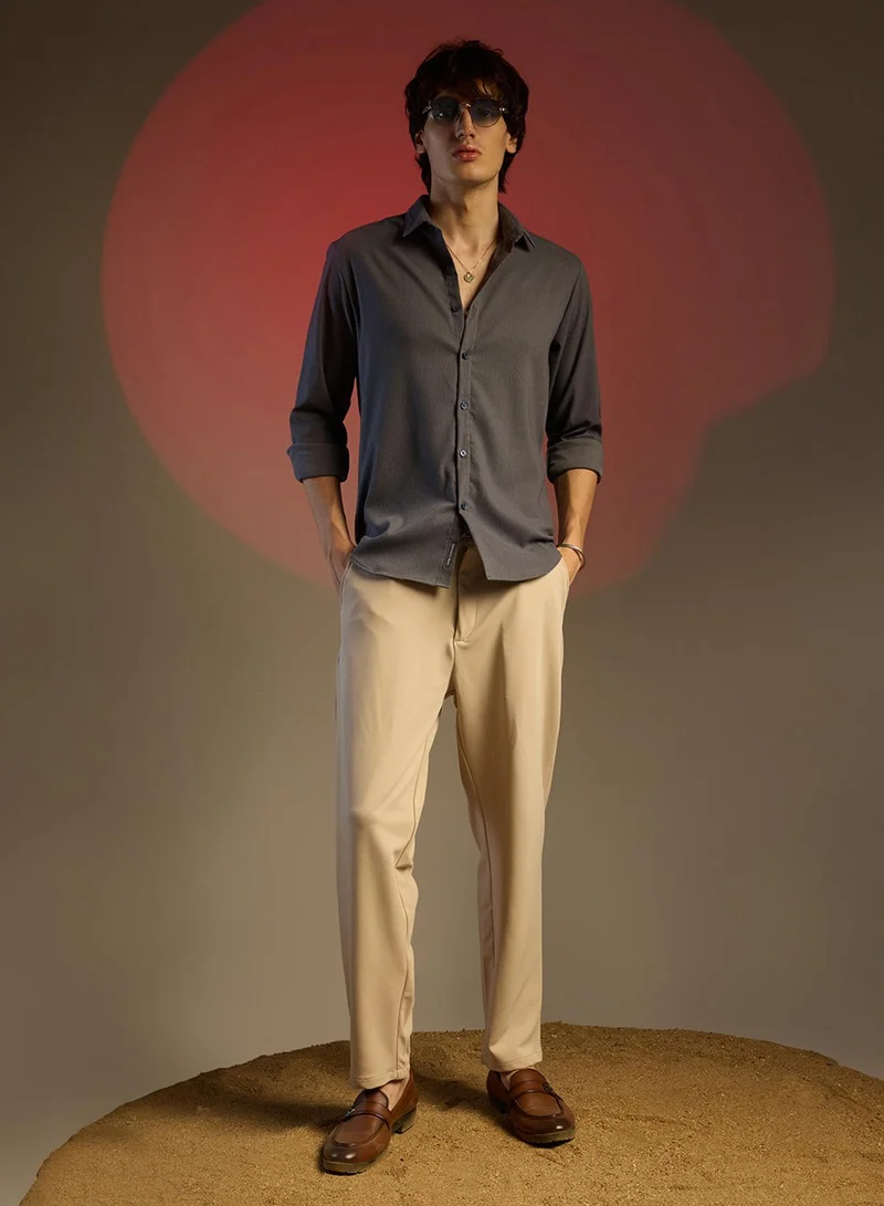 CAHOOT Grey Men's Charcoal Grey Solid Seersucker Shirt for Men | Best Price UAE