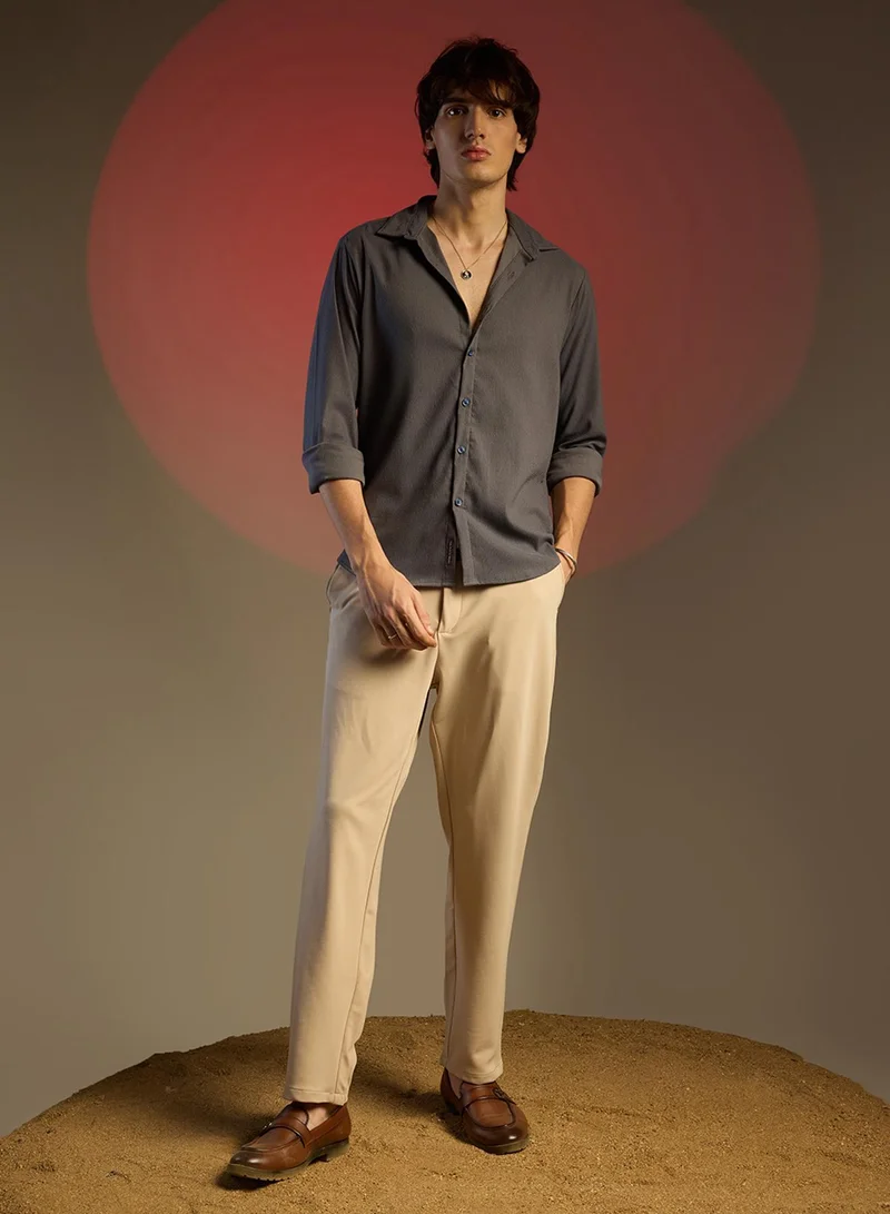 CAHOOT Grey Men's Charcoal Grey Solid Seersucker Shirt for Men | Best Price UAE