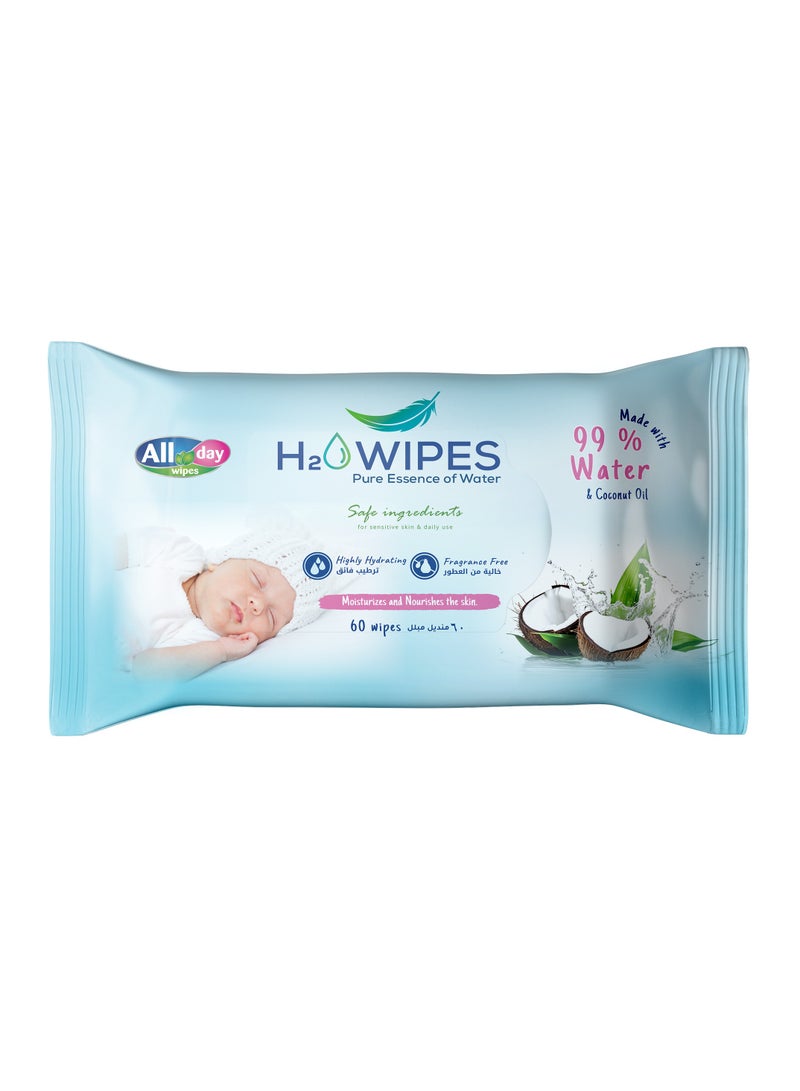 All day wipes All Day H2O Wet Wipes 99% Water & Coconut Oil -60 Count : Made with 99.9% Pure Water and Infused with Natural Coconut Extract for Added Hydration and Nourishment. - Image 1