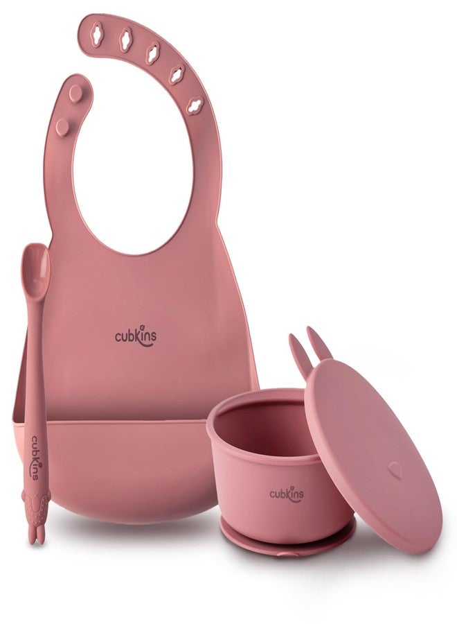CUBKINS Silicone Suction Bowl, Adjustable Bib with Early Feeding Bendable Spoon for Feeding Babies | BPA Free, Washable and Reusable Bowl & Bib for Kids, Toddlers (Raspberry) - Image 1