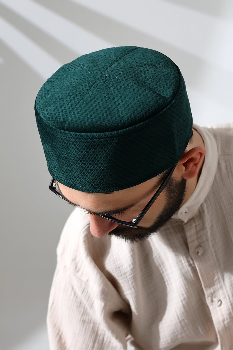 İhvan Ikhwan Green Honeycomb Checkered Velvet Molded Prayer Cap  - Image 5