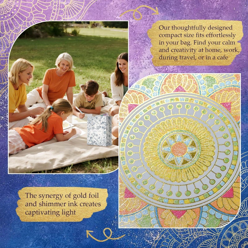CKMOREL Mandala Adult Coloring Book for Women Relaxation, Gold Foil Mandala Coloring Book Set with 24 Colors Retractable Glitter Gel Pens, 12Pcs Premium Single-Sided Paper Mindfulness Gift Include Gift Bag - Image 5