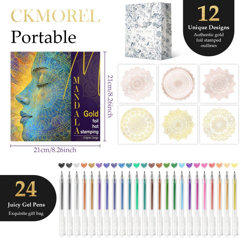 CKMOREL Mandala Adult Coloring Book for Women Relaxation, Gold Foil Mandala Coloring Book Set with 24 Colors Retractable Glitter Gel Pens, 12Pcs Premium Single-Sided Paper Mindfulness Gift Include Gift Bag - Image 2