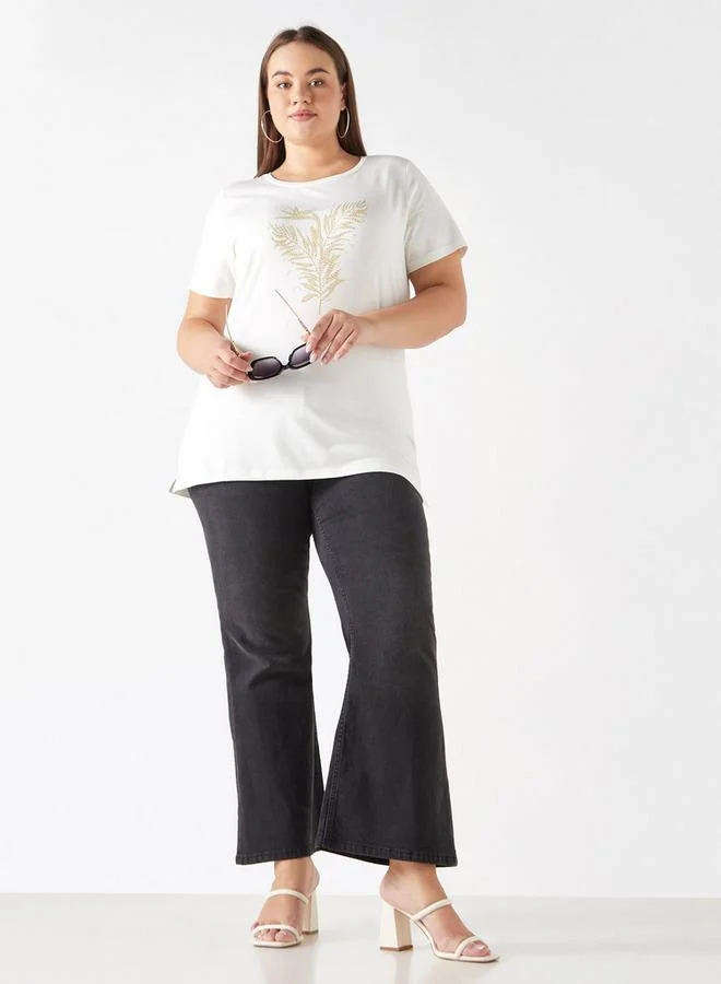 Ulla Popken Plus Size Ulla Popken Embellished T-shirt with Short Sleeves