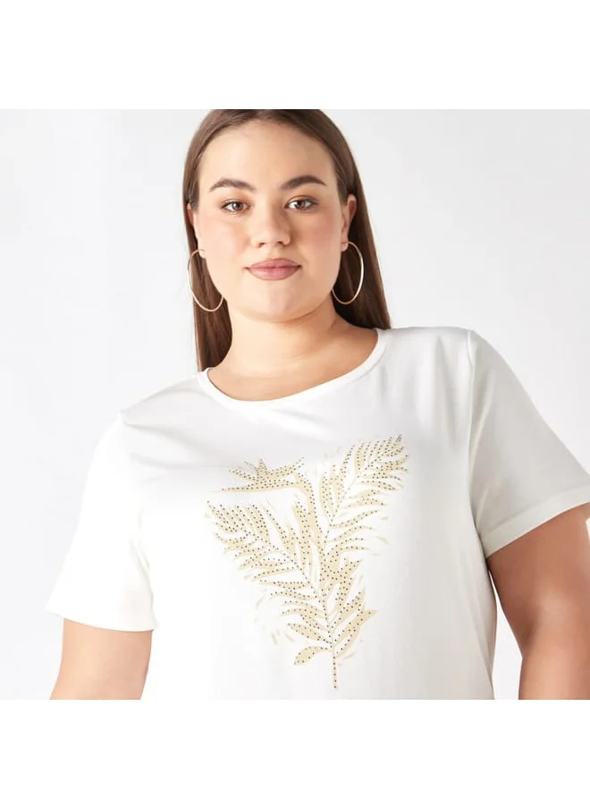 Ulla Popken Plus Size Ulla Popken Embellished T-shirt with Short Sleeves