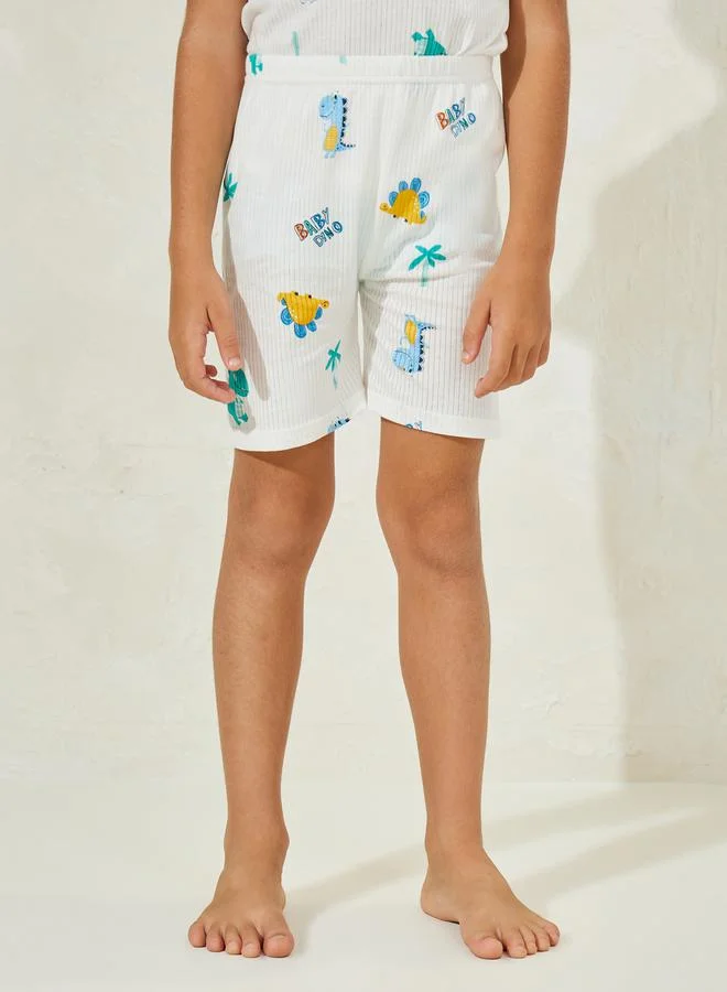 Styli Rib Knit Cartoon Printed Shorts & Pyjama Set