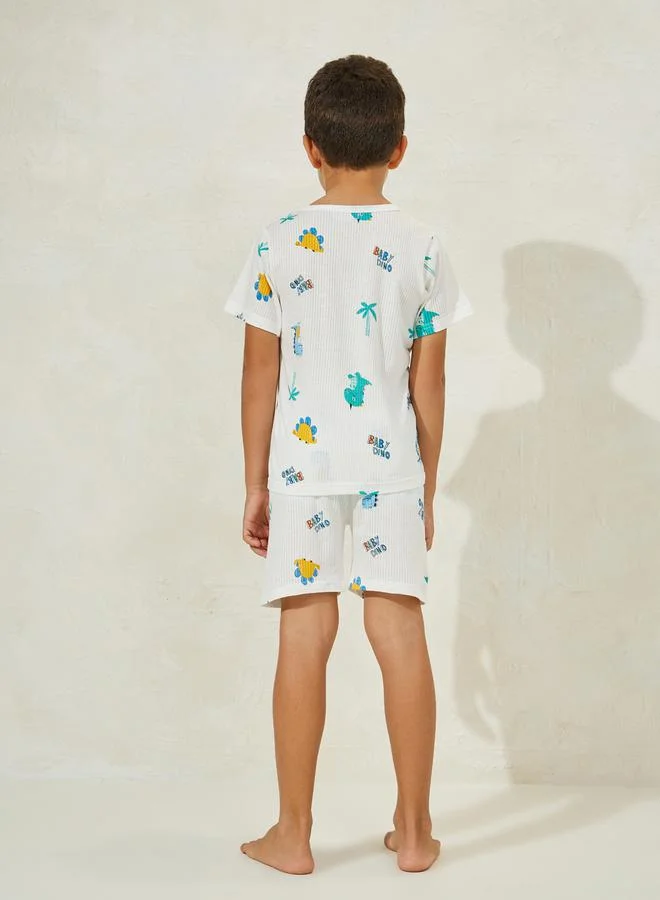 Styli Rib Knit Cartoon Printed Shorts & Pyjama Set