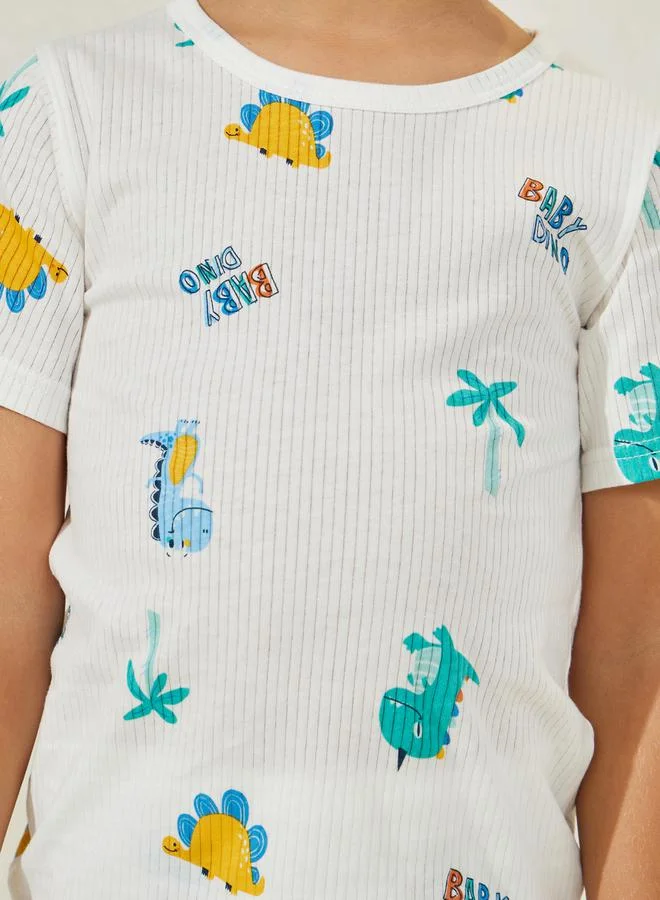 Styli Rib Knit Cartoon Printed Shorts & Pyjama Set