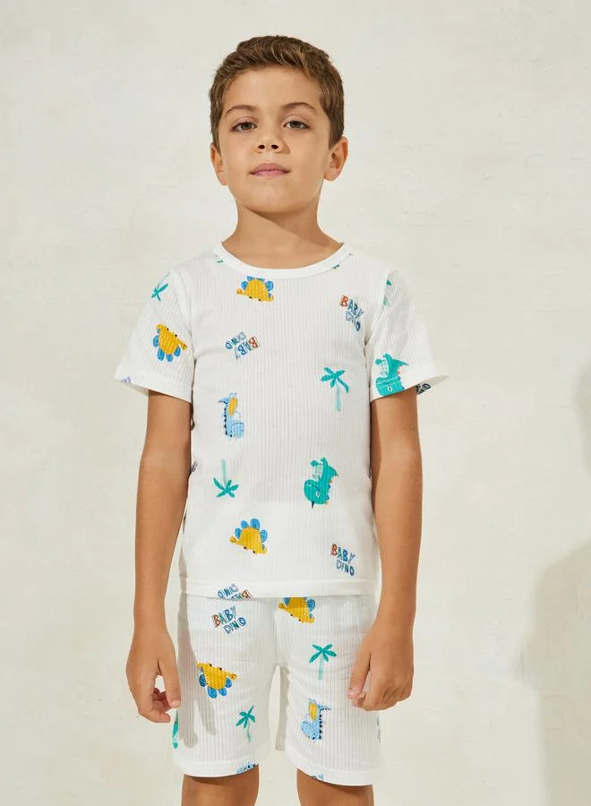 Styli Rib Knit Cartoon Printed Shorts & Pyjama Set