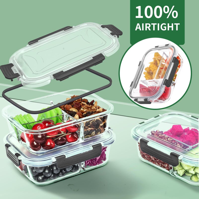 Skroam 5-Packs 36OZ Glass Airtight Food Storage Containers 3 Compartments, Meal Prep Container Set with Lids for Pantry Kitchen Organizers and Storage, BPA Free Glass Lunch Boxes Bento - Image 3