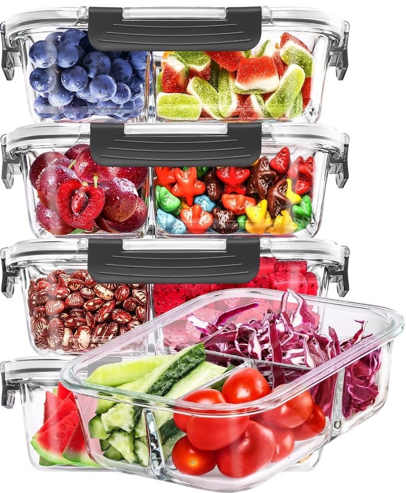Skroam 5-Packs 36OZ Glass Airtight Food Storage Containers 3 Compartments, Meal Prep Container Set with Lids for Pantry Kitchen Organizers and Storage, BPA Free Glass Lunch Boxes Bento - Image 1