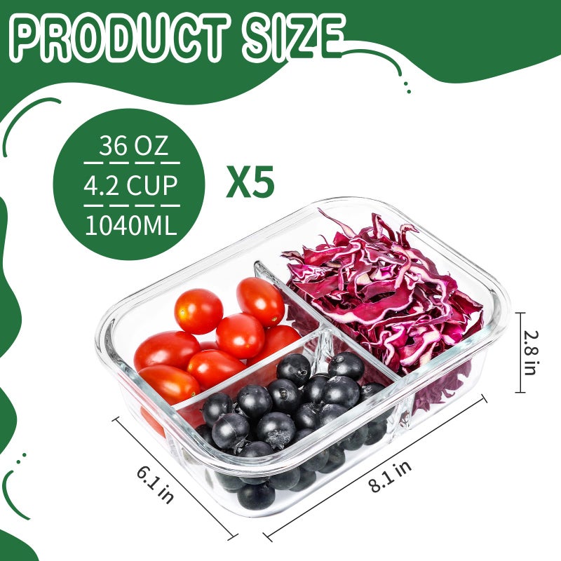 Skroam 5-Packs 36OZ Glass Airtight Food Storage Containers 3 Compartments, Meal Prep Container Set with Lids for Pantry Kitchen Organizers and Storage, BPA Free Glass Lunch Boxes Bento - Image 2