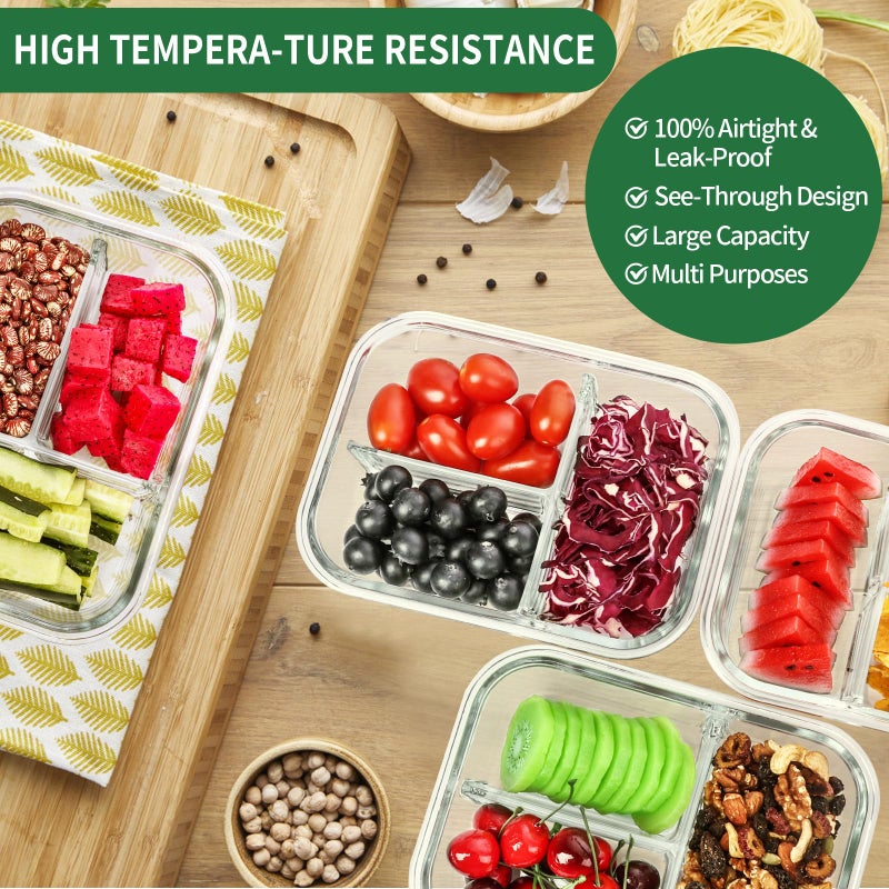Skroam 5-Packs 36OZ Glass Airtight Food Storage Containers 3 Compartments, Meal Prep Container Set with Lids for Pantry Kitchen Organizers and Storage, BPA Free Glass Lunch Boxes Bento - Image 5