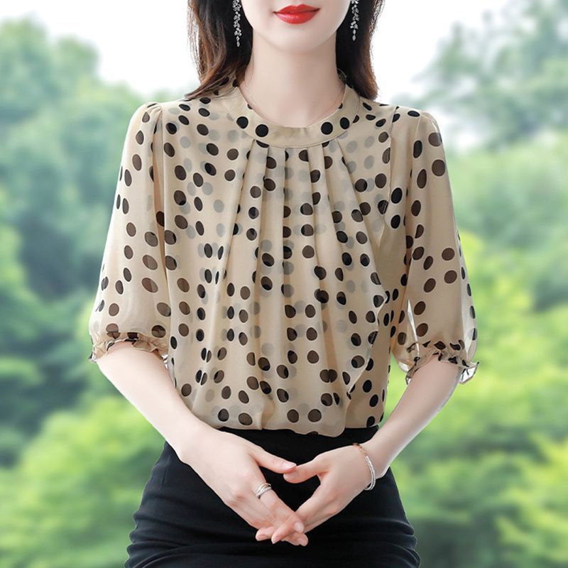 2024 New Chiffon Shirt Womens Summer Casual All-match Elegant Slim Shirt Western Style Short-sleeved Top Black - Image 2