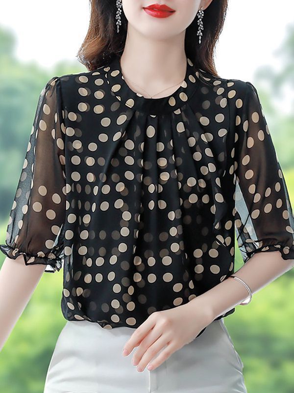 2024 New Chiffon Shirt Womens Summer Casual All-match Elegant Slim Shirt Western Style Short-sleeved Top Black - Image 1