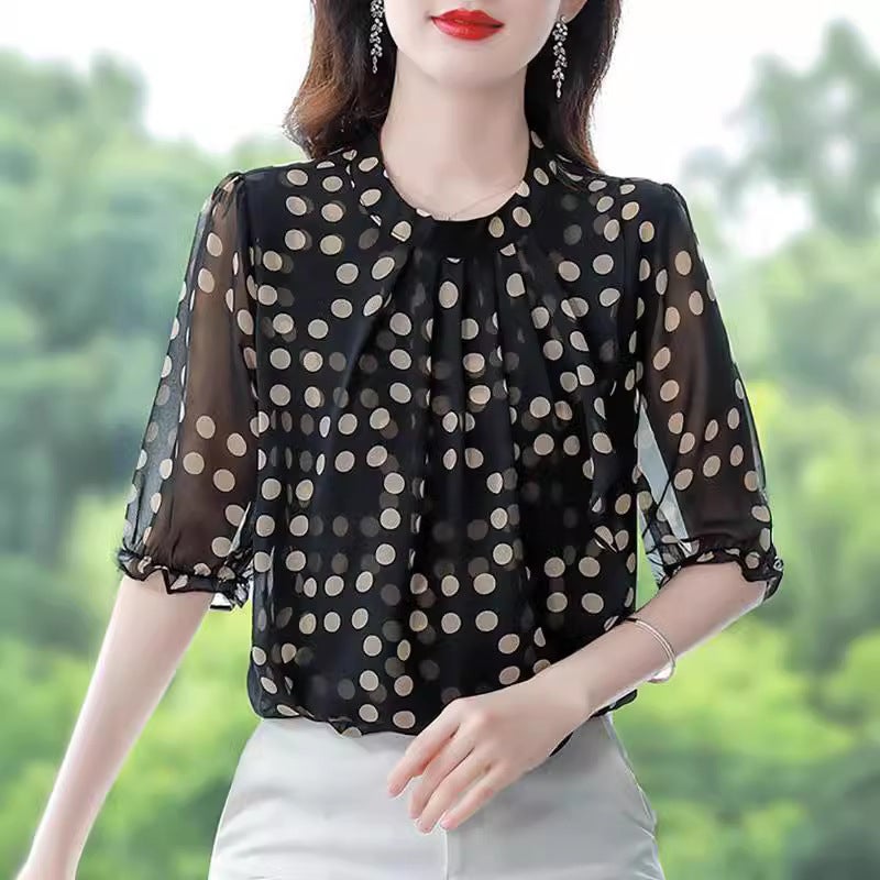 2024 New Chiffon Shirt Womens Summer Casual All-match Elegant Slim Shirt Western Style Short-sleeved Top Black - Image 5