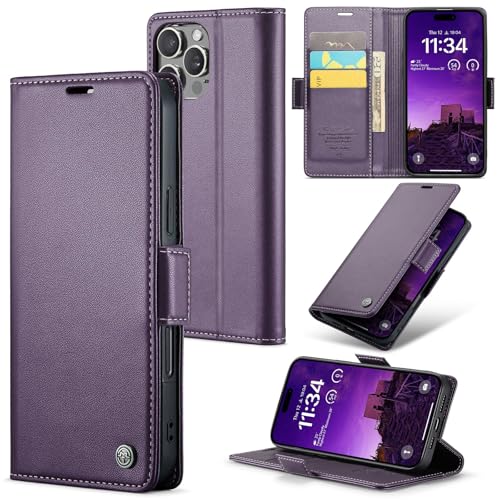 XIMAND for iPhone 16 Pro Case, RFID Blocking with Kickstand 3 Credit Card Slot and Cash Slot Magnetic Closure Wireless Charging Slim PU Leather Protective Cover - Purple - Image 1