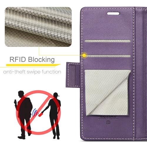 XIMAND for iPhone 16 Pro Case, RFID Blocking with Kickstand 3 Credit Card Slot and Cash Slot Magnetic Closure Wireless Charging Slim PU Leather Protective Cover - Purple - Image 3