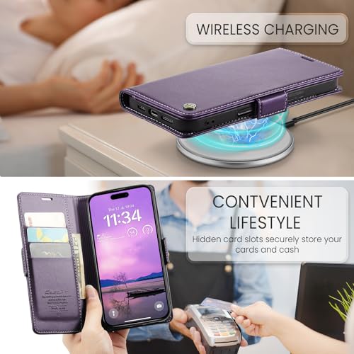 XIMAND for iPhone 16 Pro Case, RFID Blocking with Kickstand 3 Credit Card Slot and Cash Slot Magnetic Closure Wireless Charging Slim PU Leather Protective Cover - Purple - Image 5
