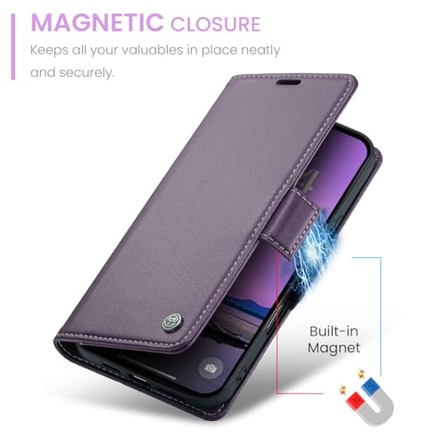 XIMAND for iPhone 16 Pro Case, RFID Blocking with Kickstand 3 Credit Card Slot and Cash Slot Magnetic Closure Wireless Charging Slim PU Leather Protective Cover - Purple - Image 4