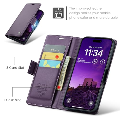 XIMAND for iPhone 16 Pro Case, RFID Blocking with Kickstand 3 Credit Card Slot and Cash Slot Magnetic Closure Wireless Charging Slim PU Leather Protective Cover - Purple - Image 2