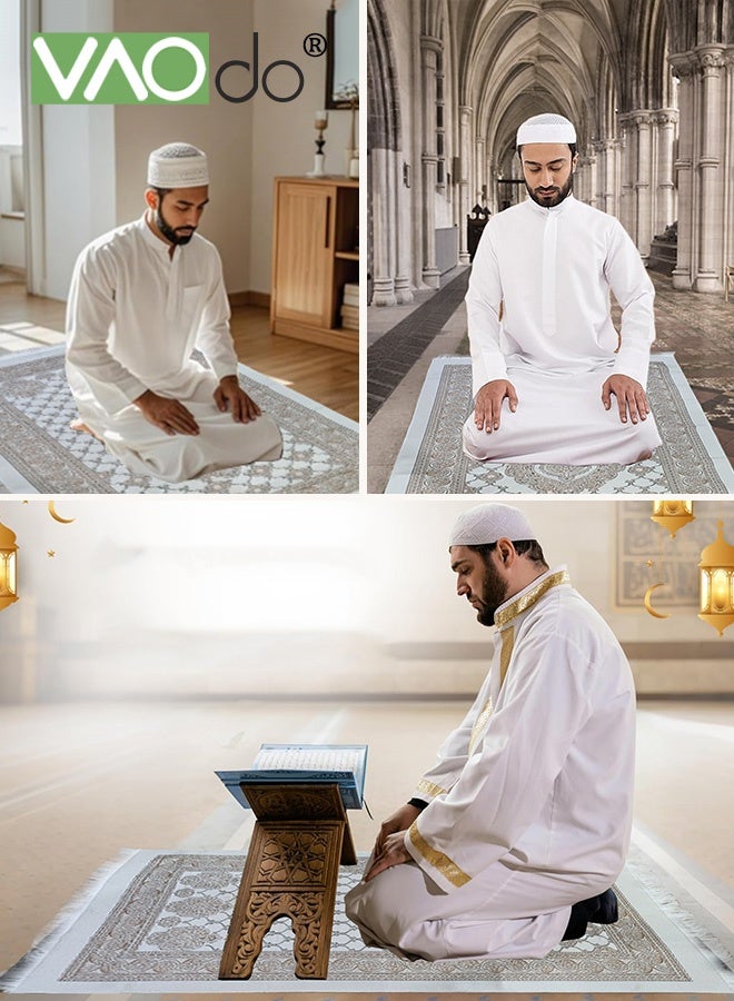 VAOdo 3PCS Islamic Prayer Rug and Beads with Portable Bag, Soft Exquisite Muslim Prayer Mat, Travel Prayer Carpet Mat, Islamic Gifts for Eid Ramadan Gold - Image 2