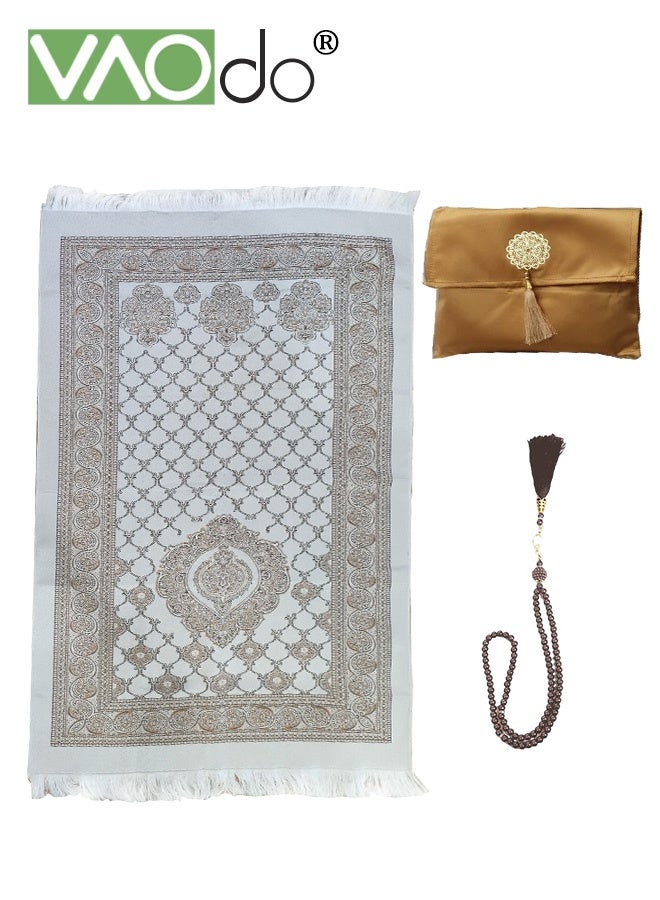 VAOdo 3PCS Islamic Prayer Rug and Beads with Portable Bag, Soft Exquisite Muslim Prayer Mat, Travel Prayer Carpet Mat, Islamic Gifts for Eid Ramadan Gold - Image 1