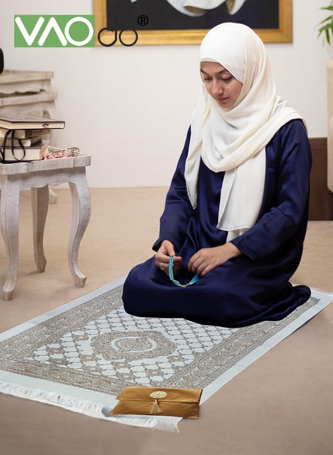 VAOdo 3PCS Islamic Prayer Rug and Beads with Portable Bag, Soft Exquisite Muslim Prayer Mat, Travel Prayer Carpet Mat, Islamic Gifts for Eid Ramadan Gold - Image 5