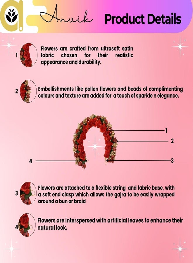 ANVIK Fancy Party Bridal Wedding Fabric/Artificial Rose Flower Bun Juda Hair Gajra for Women Flower Floral Hair Accessories for women Veni for hair (Red) - Image 2
